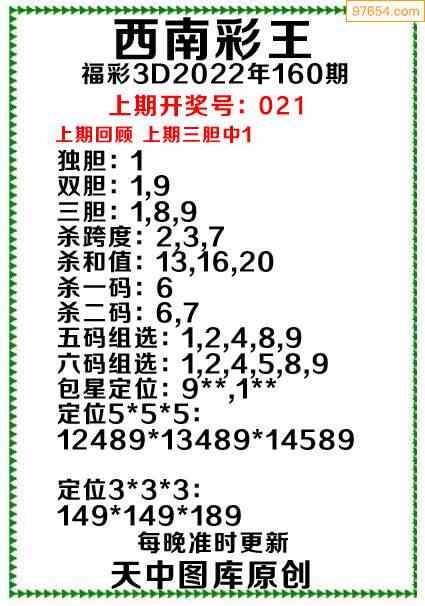 160期天中圖庫原創3d精準預測圖迷彙總