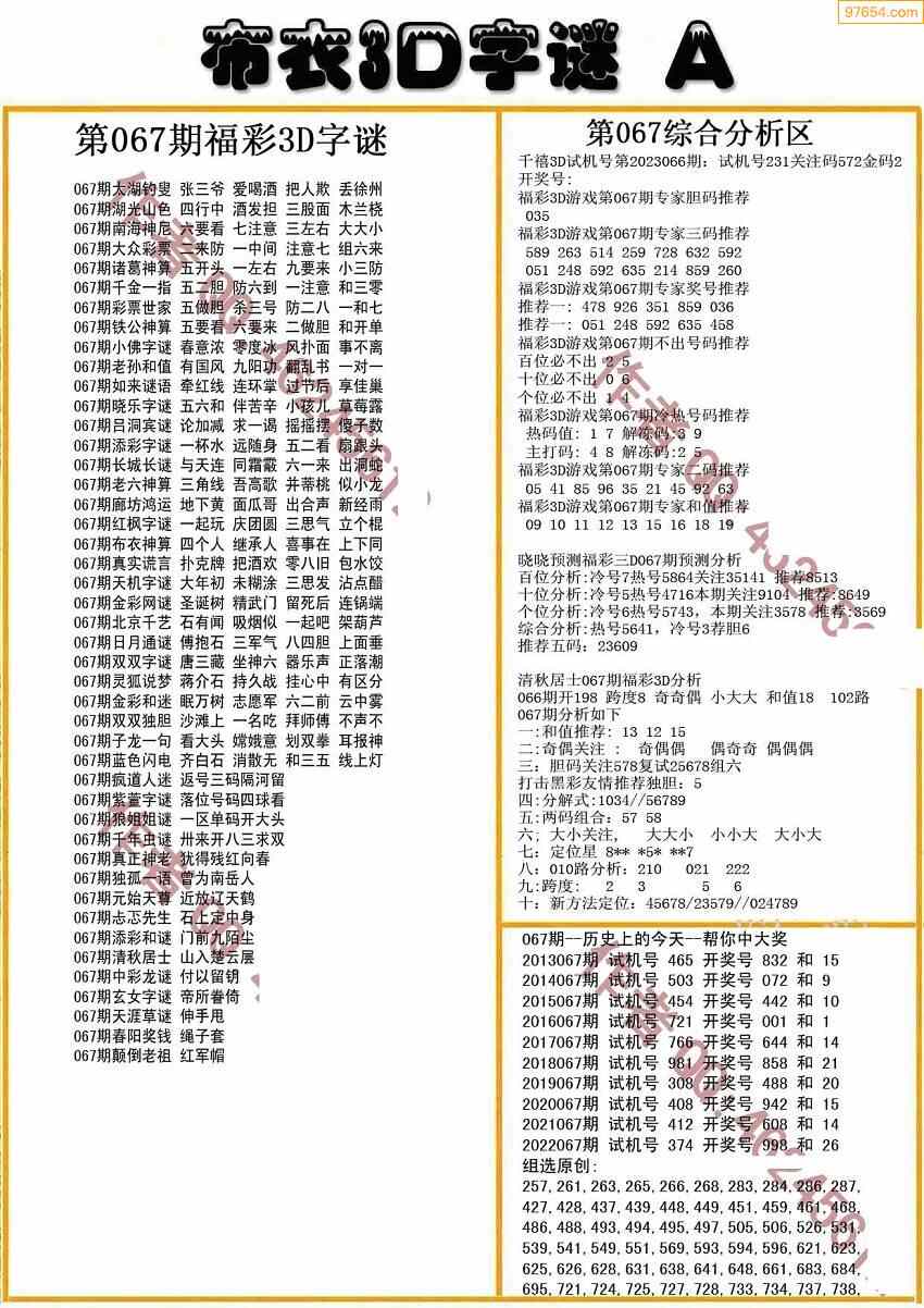 福彩23067期布衣3d字謎ab版